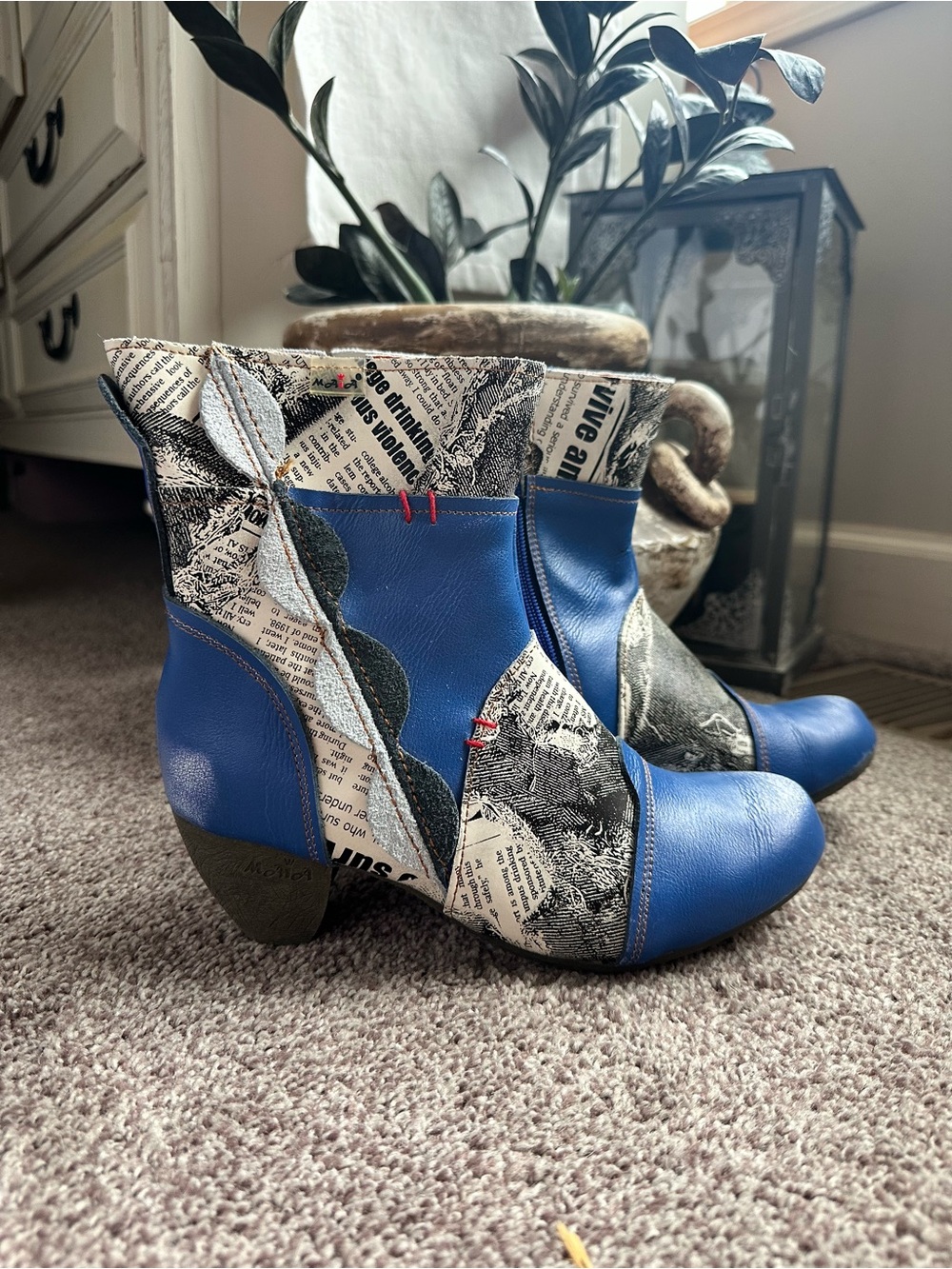 Blue Mixed-Print Leather Ankle Booties